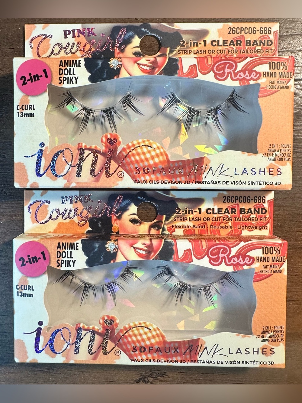 Ioni Pink Cowgirl 3D Faux Mink Lashes ROSE ~Anime Doll Spiky~ Clear Band 2 Sets